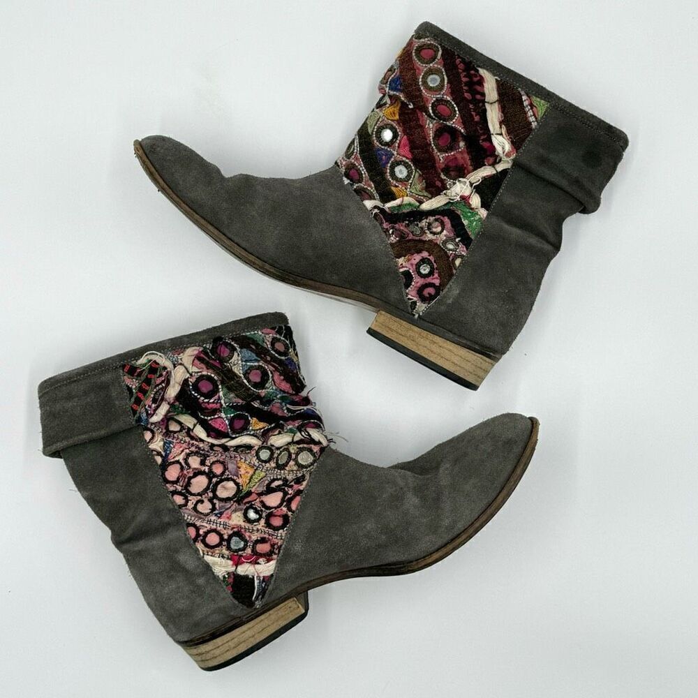 Anthropologie Howsty Slouchy Ankle Booties, Grey Suede Boho Made In Spain